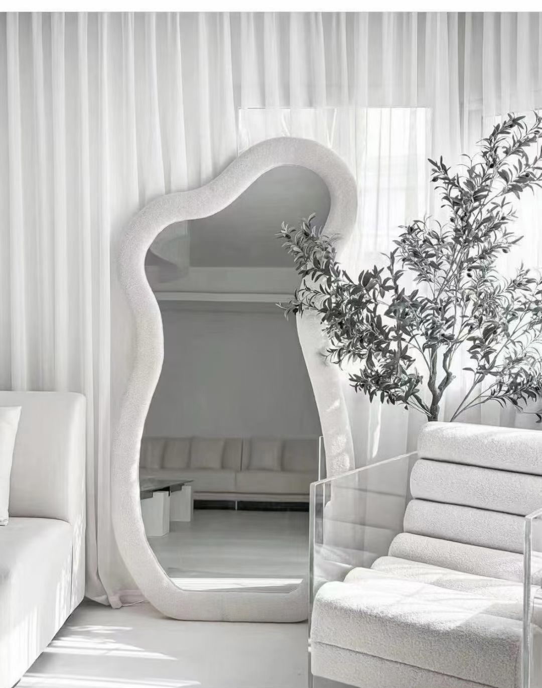 Velvet Floor-Standing Mirror, Irregular-Shaped Little Waist Full-Length Mirror