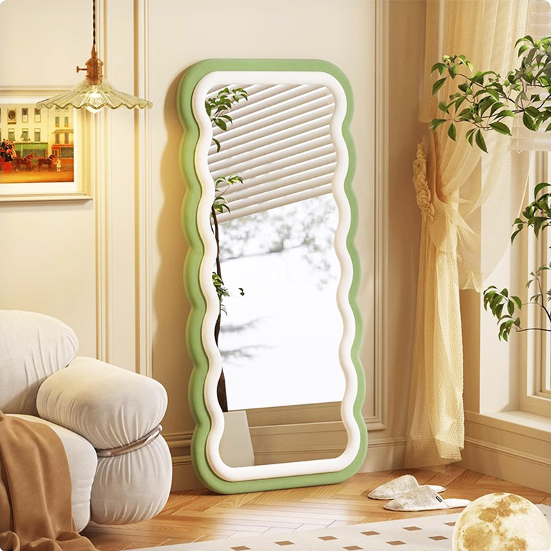 Velvet Floor-Standing Mirror, Irregular-Shaped Wavy Dressing Mirror