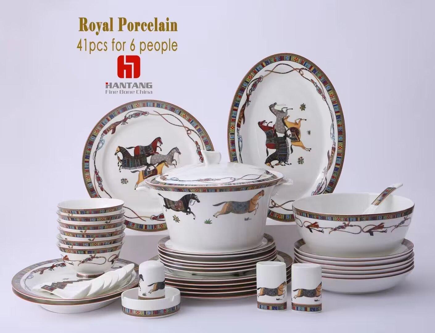 سيلادون كوانغ شيانغ China China العظمي، 56 PCS Dinner Set، 56 أدوات المائدة، 6 أشخاص، تصميم كلاسيكي كريم details Picture