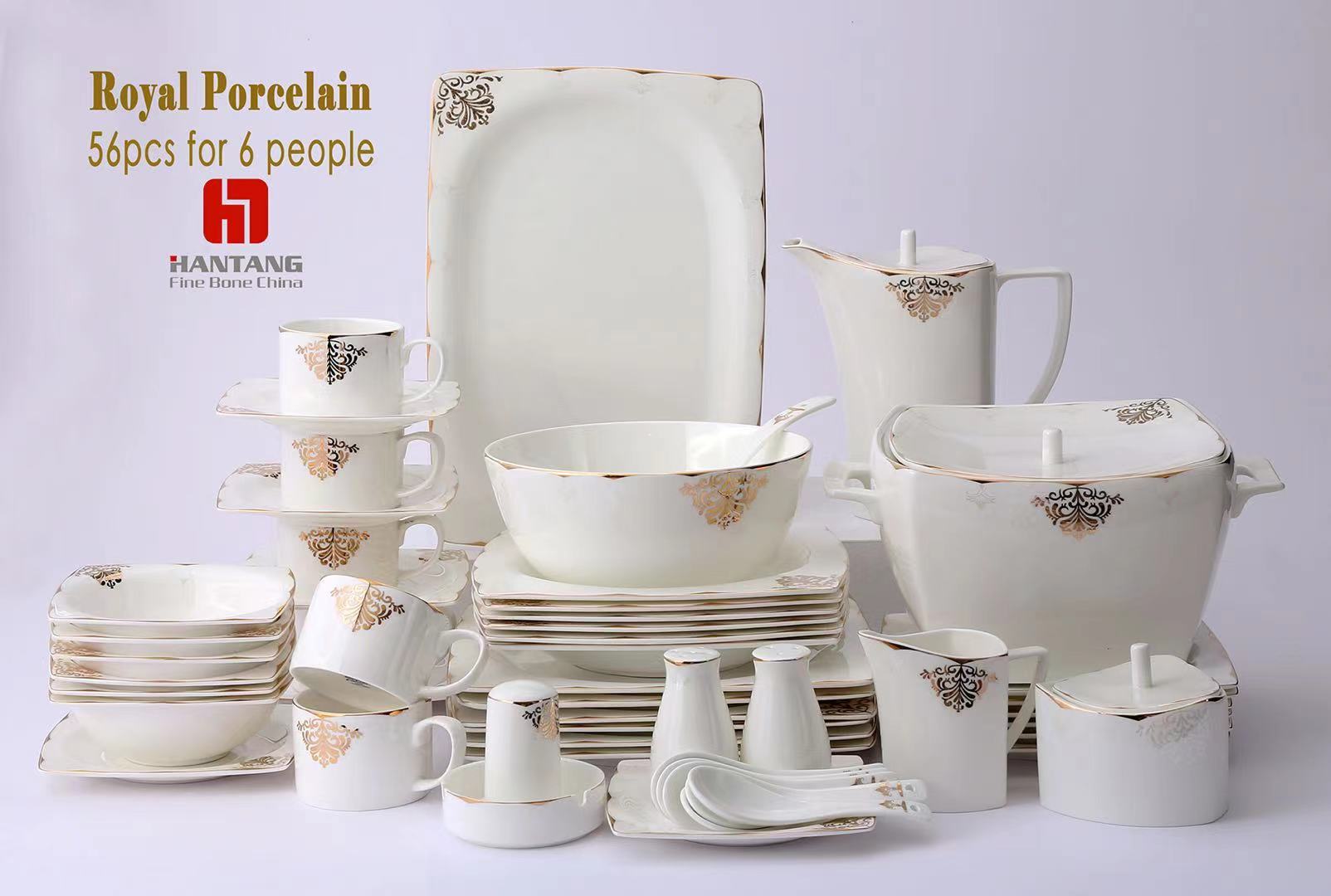 أدوات المائدة المصنوعة من الخزف العظمي Bone China، 56 PCS Dinner SET، 56 من أدوات المائدة، نوعية عالية من التصميم الكلاسيكي السخي details Picture
