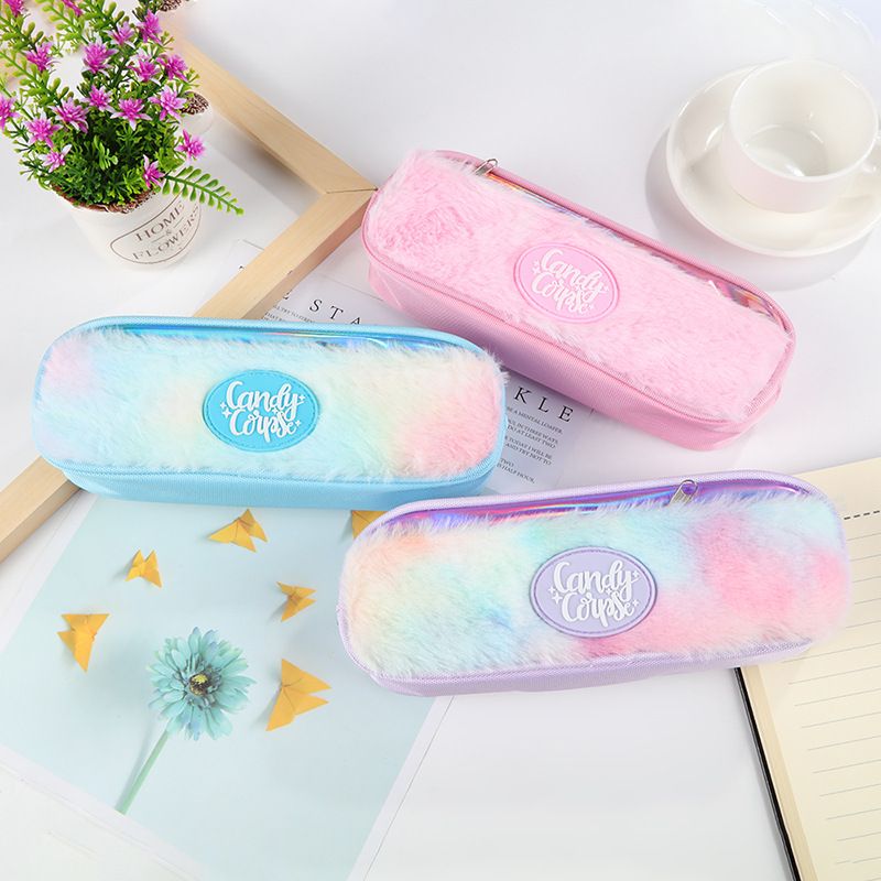 学生铅笔盒 创意文具袋 女孩毛绒英文字双拉链简约 UG-816
