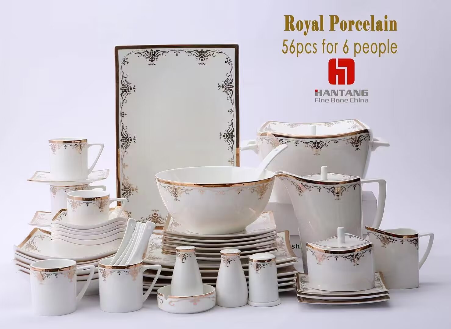 سيلادون كوانغ شيانغ China China العظمي، 56 PCS Dinner Set، 56 أدوات المائدة، 6 أشخاص، تصميم كلاسيكي كريم Item Picture