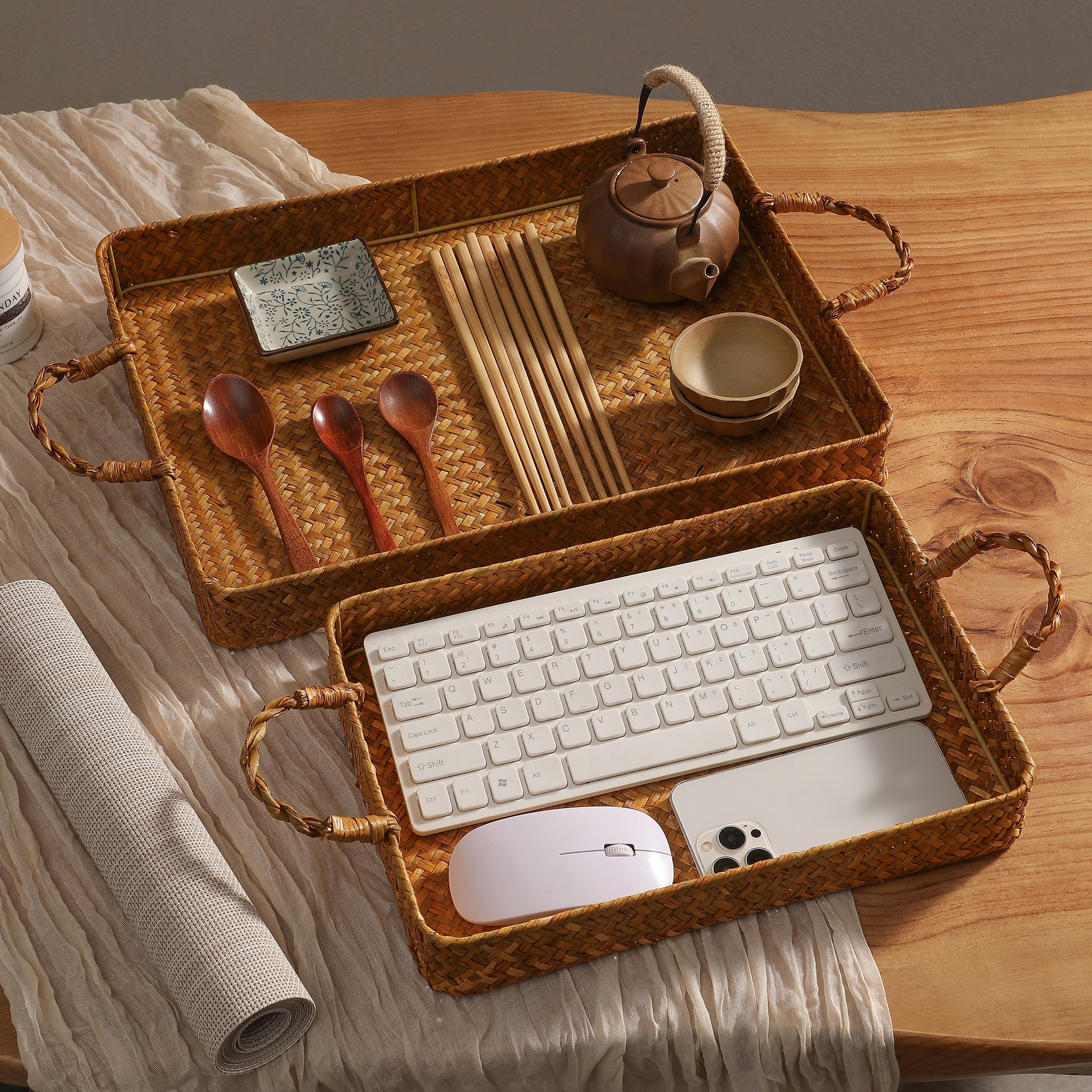 复古带把手托盘 卧室厨房客厅收纳 茶盘二件套 零食收纳