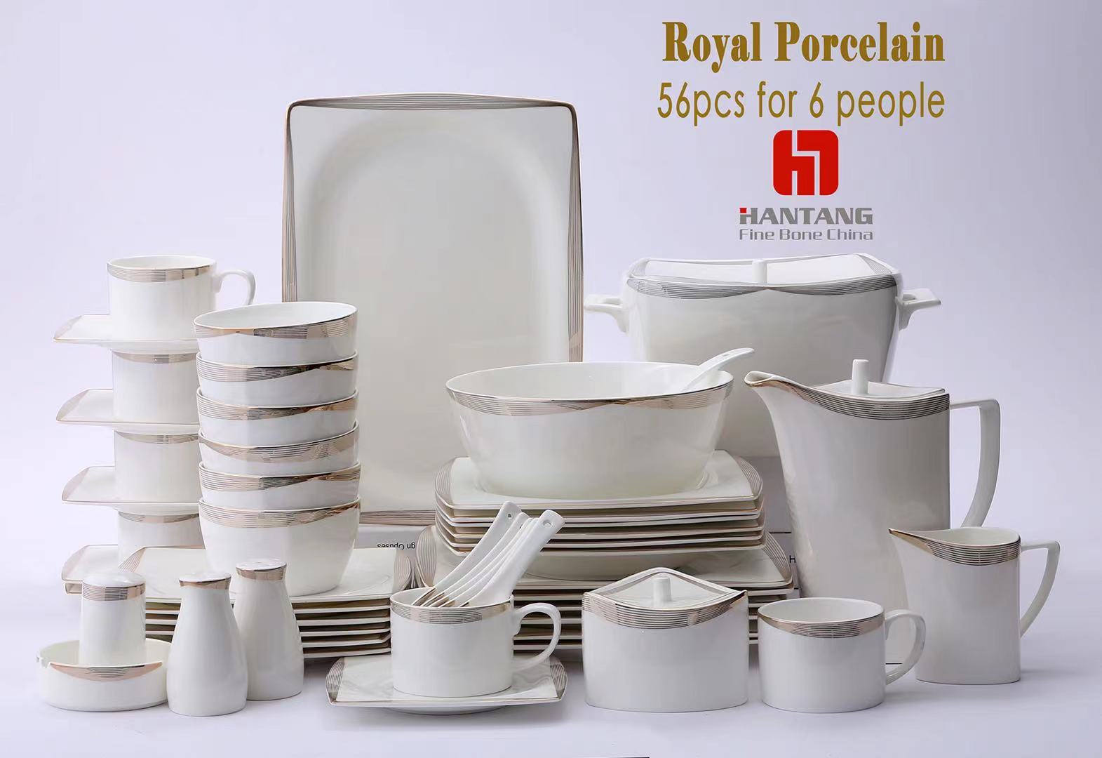 أدوات المائدة المصنوعة من الخزف العظمي Bone China، 56 PCS Dinner SET، 56 من أدوات المائدة، نوعية عالية من التصميم الكلاسيكي السخي Specification image