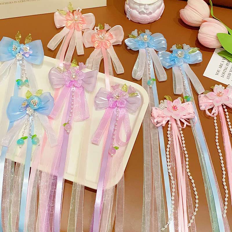 儿童超仙汉服头饰古风发卡小女孩中国风发夹女童古装步摇飘带头花 