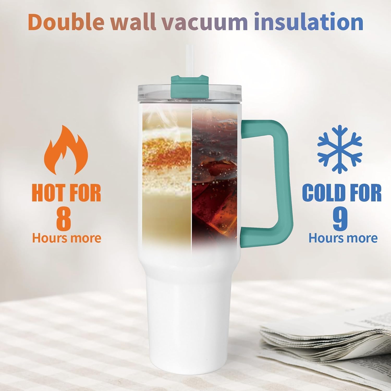 40oz ice cup, cross-border, 304 stainless steel insulated cup with handle, car cup with straw Specification image