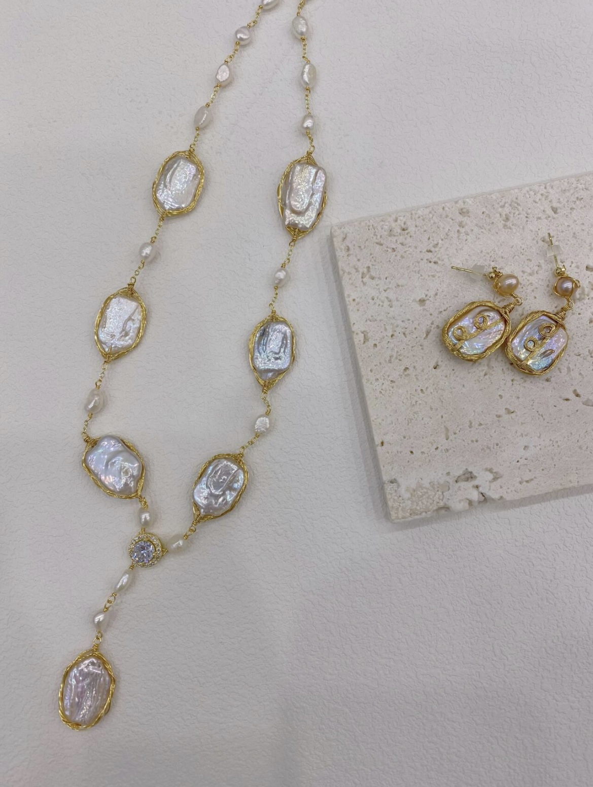 永芳fang's jewelry 欧美风异形巴洛克淡水珍珠项链耳饰套装