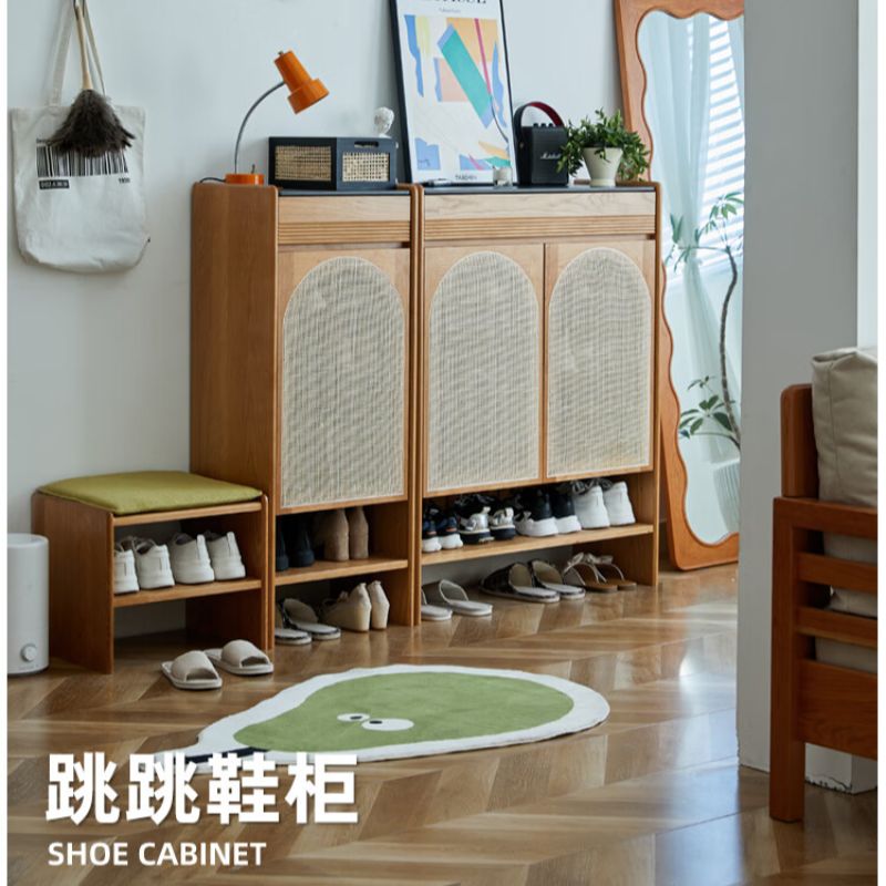 全实木鞋柜复古樱桃木单双门玄关日式中古风收纳门厅口家用藤编柜 单实木门款白岩板
