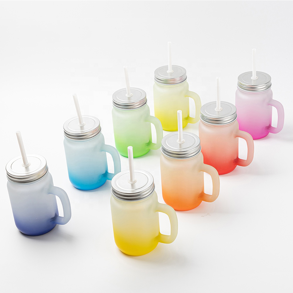 Heat transfer printed glass cup with straw, blank color base coating, DIY with handle, gradient color dazzling glass bottle Specification image
