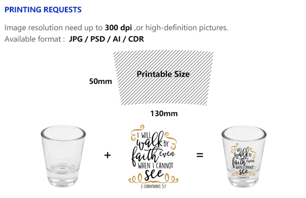 Wholesale of heat transfer printing cups, gold-rimmed glass wine glasses, white spirit and spirits cups, glass cups, creative one-sipped cups, processing of logos Specification image