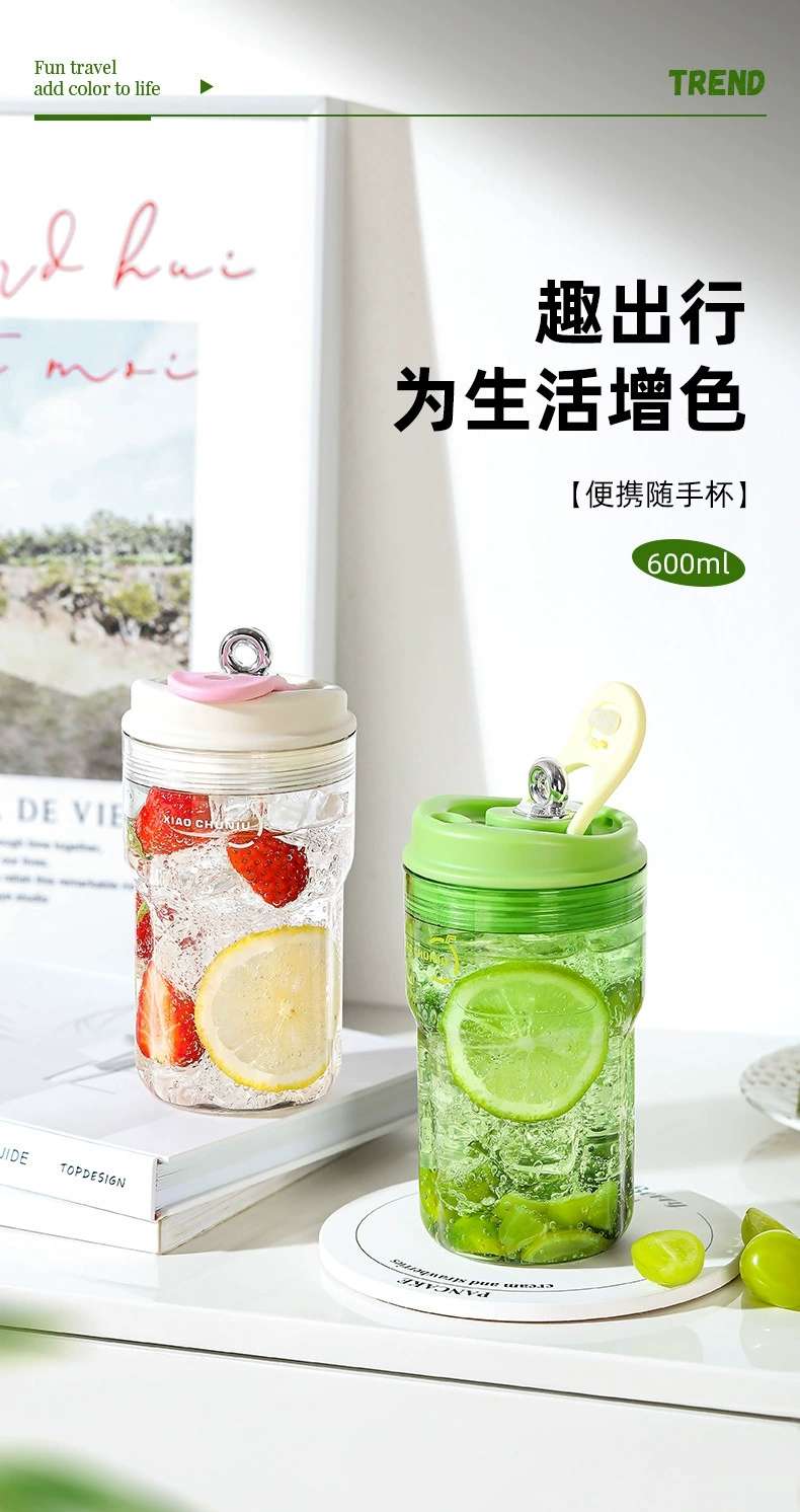 H185- Double-sipper Coffee cup, plastic cup, baby grade pc material water cup, shockproof and heat-resistant portable coffee cup detail image 1