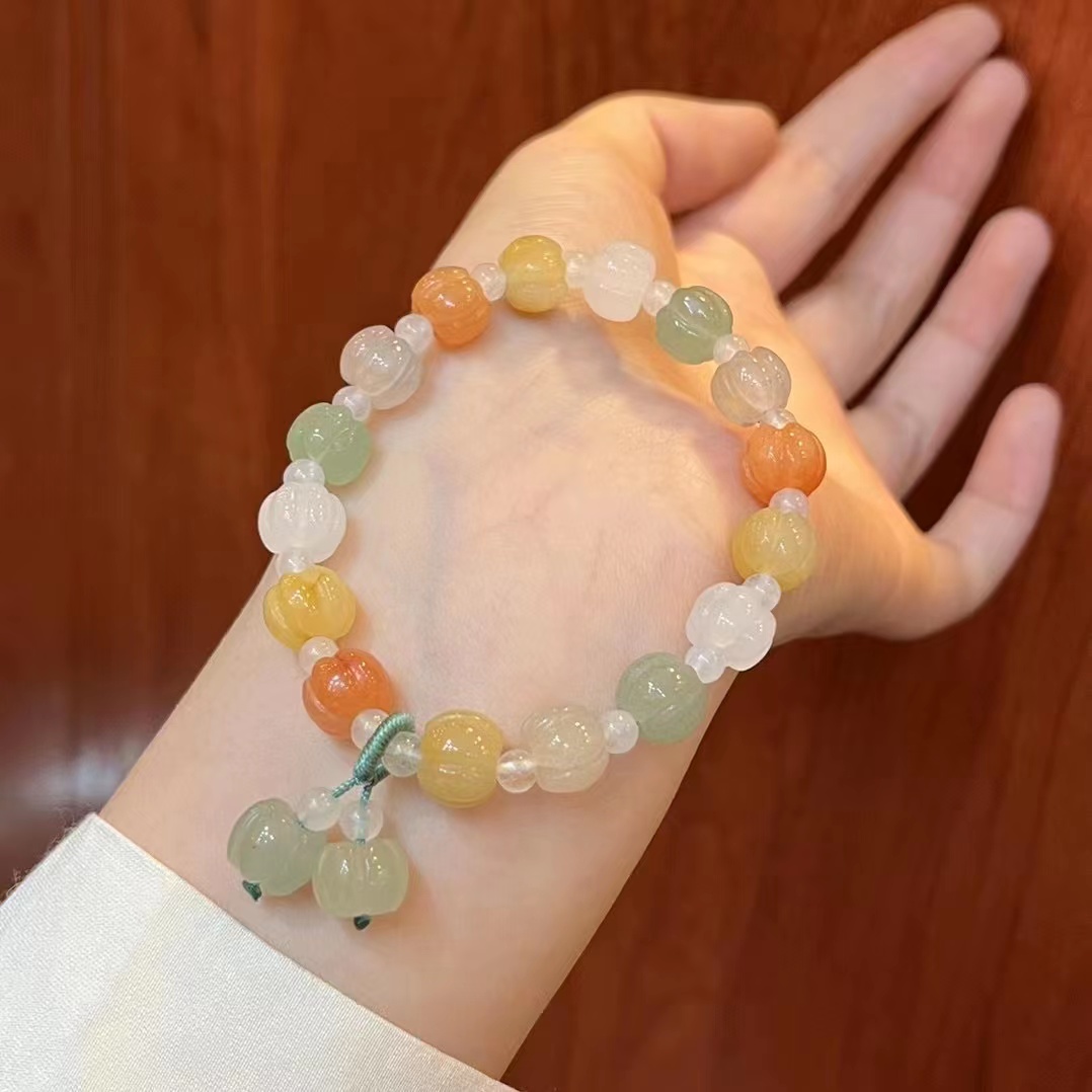 The same style of golden thread jade bracelet, couple, ethnic style pumpkin bead bamboo joint bracelet, yellow jade hanging gourd bracelet, factory wholesale Specification image