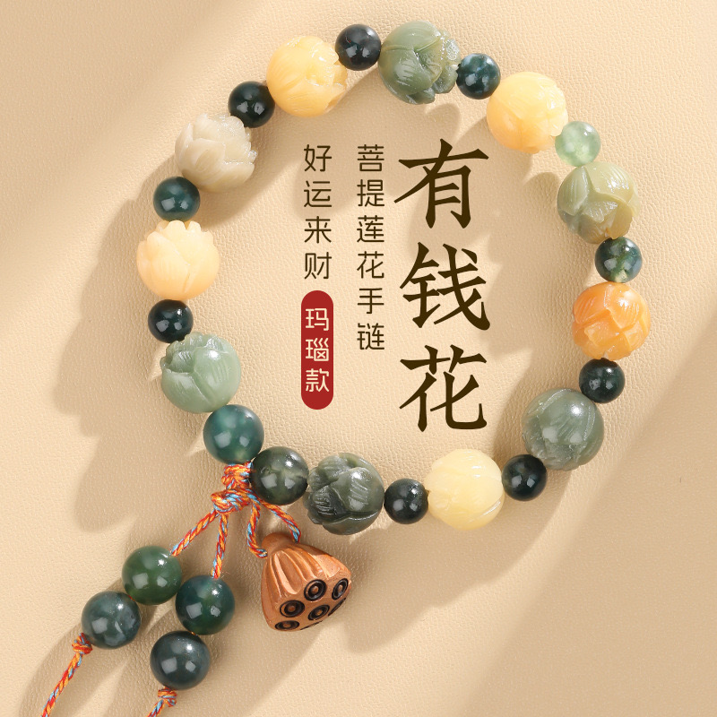 Hangzhou Lingyin's same style money flower bracelet, Bodhi carving, colorful lotus, live-streaming supply, water plant agate, green sandalwood style, factory wholesale Application Scenario