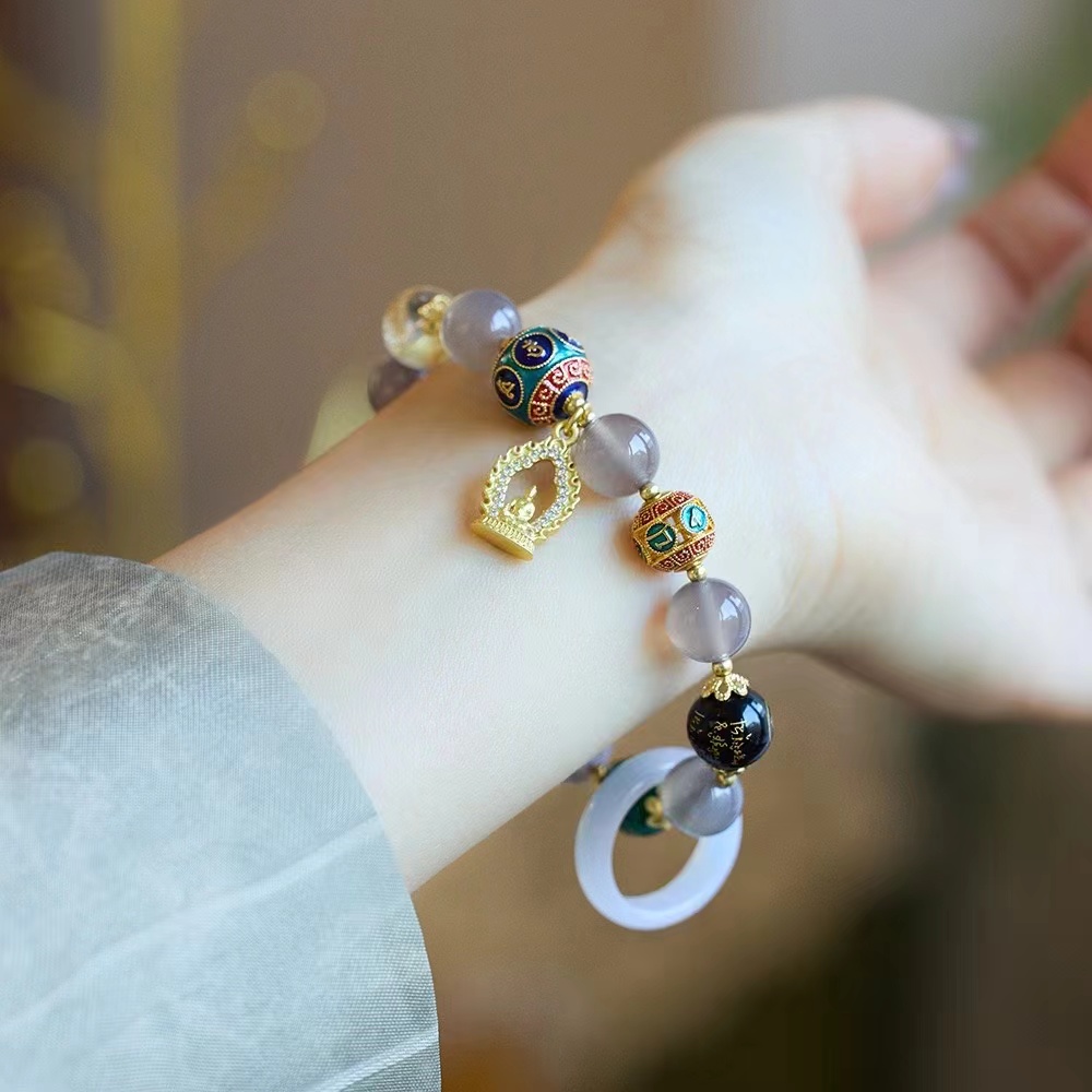 Natural grey agate five-way Wealth God running ring bracelet, smoke purple agate vajra ethnic style bracelet manufacturer wholesale Specification image