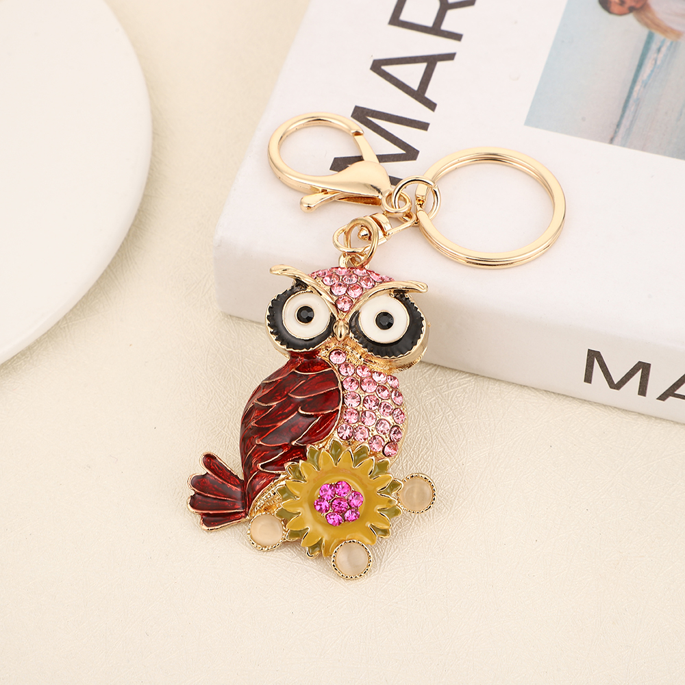 Cross-border diamond-encruted owl car keychain, metal cute couple bag pendant, keychain gift details Picture
