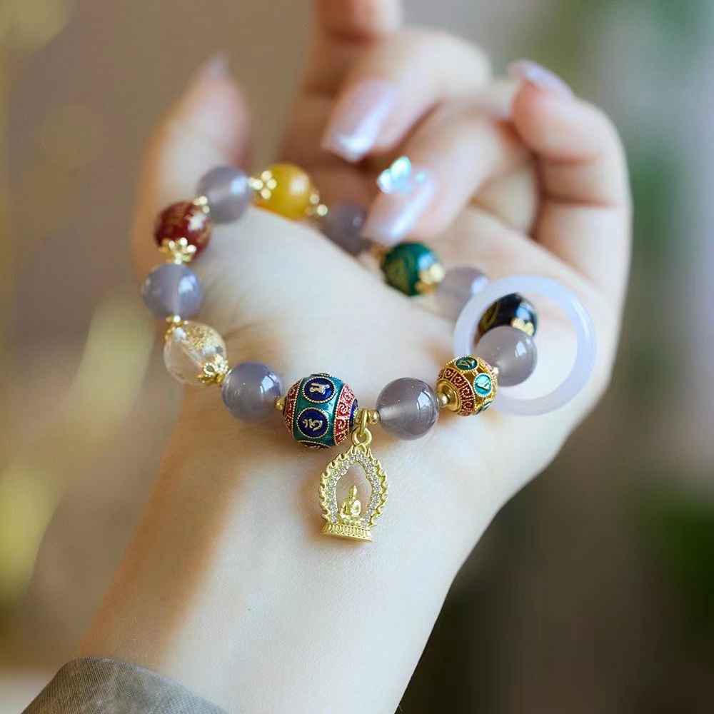 Natural grey agate five-way Wealth God running ring bracelet, smoke purple agate vajra ethnic style bracelet manufacturer wholesale