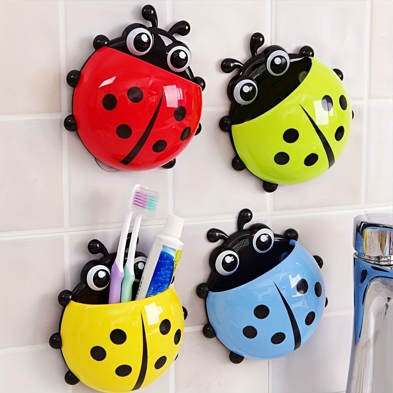 Cute ladybug toothbrush holder, powerful suction cup toothbrush, toothpaste storage rack, bathroom wall-suction toothbrushes