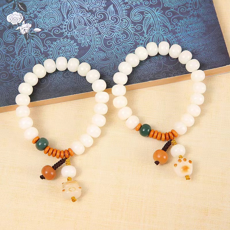 天然白玉菩提文玩手串炭烧猫爪猫咪吊坠佛珠手链男女手捻厂家批发