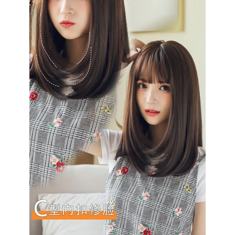 A wig set for a woman with medium-length hair, inward-tied to reach the shoulder collarbone, round face, natural and fluffy pear blossoms, a popular full-head wig set Specification image