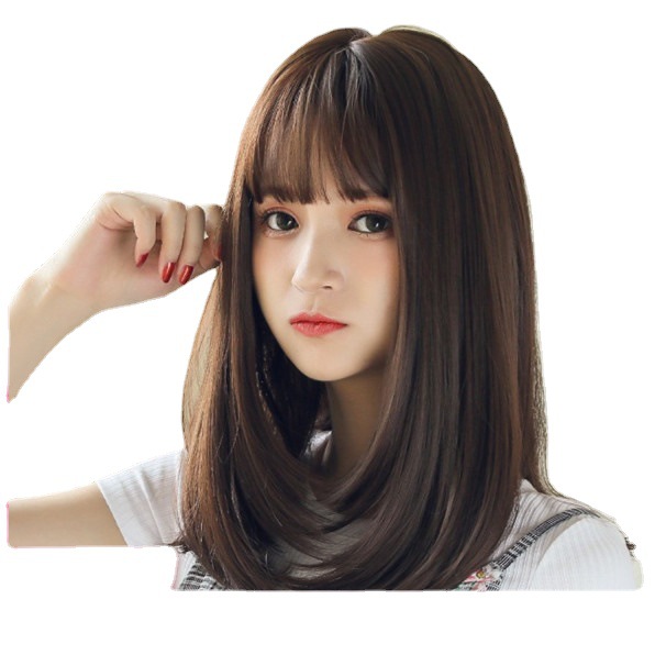 A wig set for a woman with medium-length hair, inward-tied to reach the shoulder collarbone, round face, natural and fluffy pear blossoms, a popular full-head wig set Item Picture