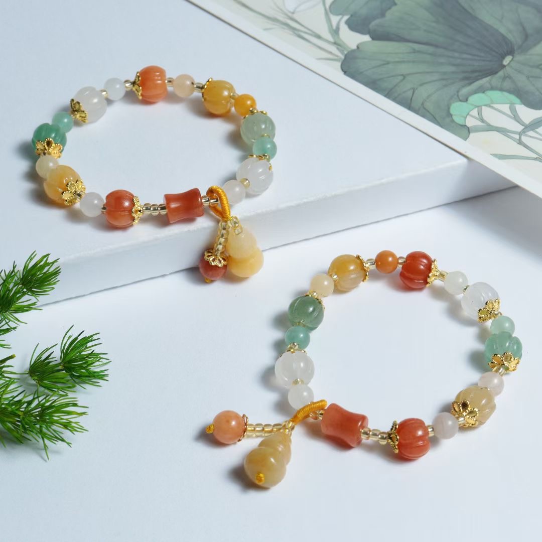 The same style of golden thread jade bracelet, couple, ethnic style pumpkin bead bamboo joint bracelet, yellow jade hanging gourd bracelet, factory wholesale details Picture