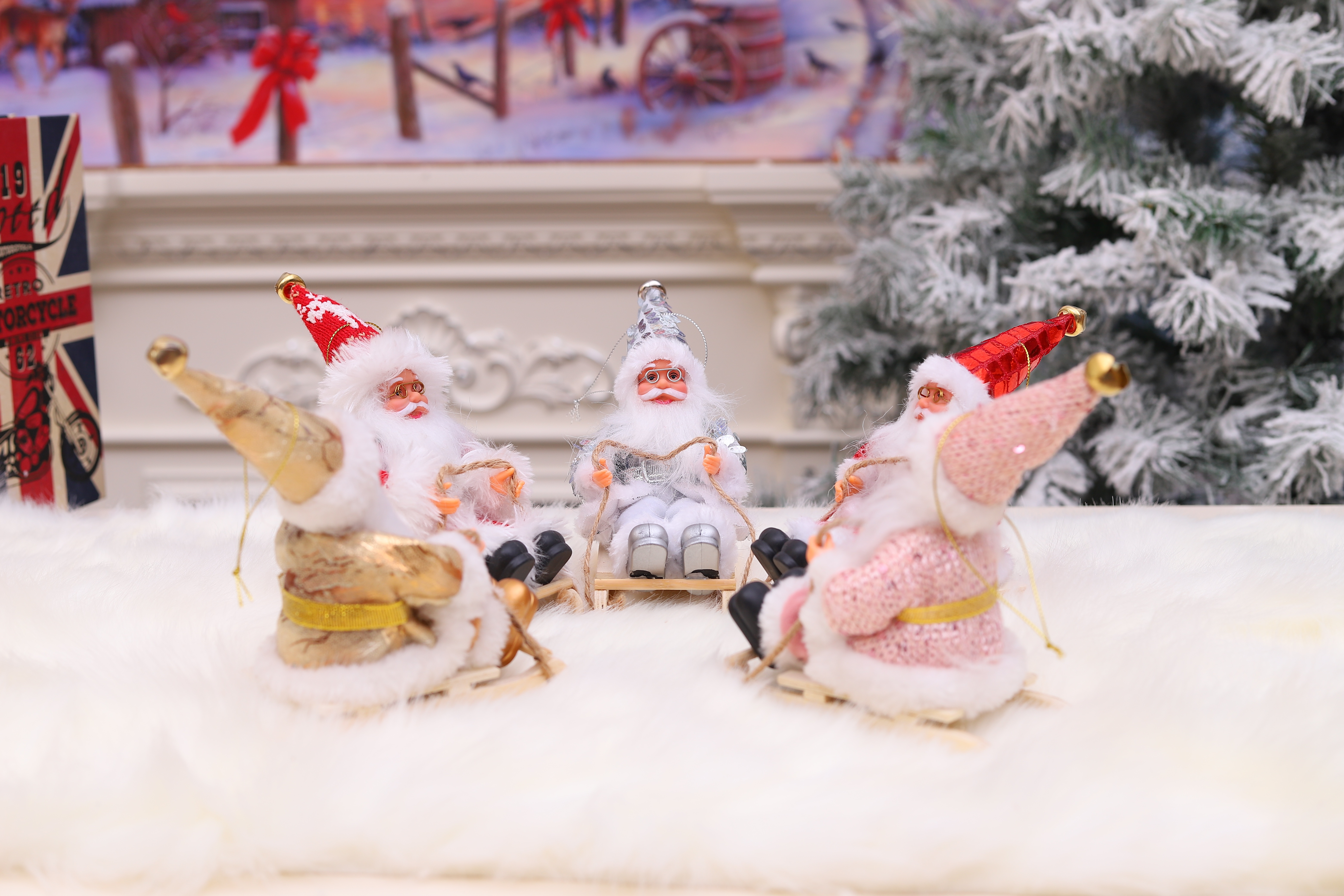Santa Claus handmade mini Christmas decorations, standing figurines, sitting snowmobiles, skateboards, Christmas ornaments, cross-border Specification image