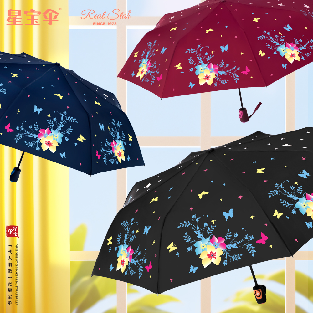 Xingbao Umbrella 3807A changes color when exposed to water, three-and-a-half-folding automatic umbrella, windproof umbrella, color-changing umbrella, women's umbrella, flower color-changing innovative umbrella Item Picture