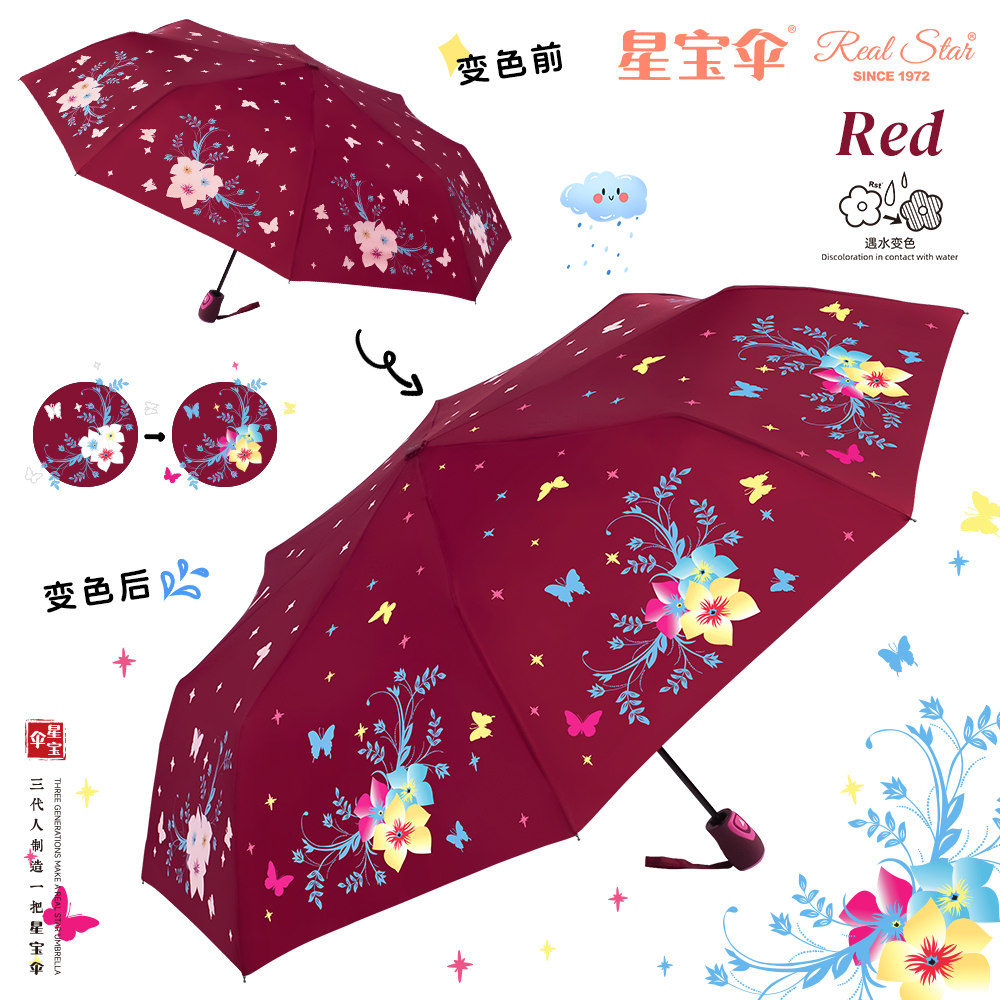 Xingbao Umbrella 3807A changes color when exposed to water, three-and-a-half-folding automatic umbrella, windproof umbrella, color-changing umbrella, women's umbrella, flower color-changing innovative umbrella Specification image