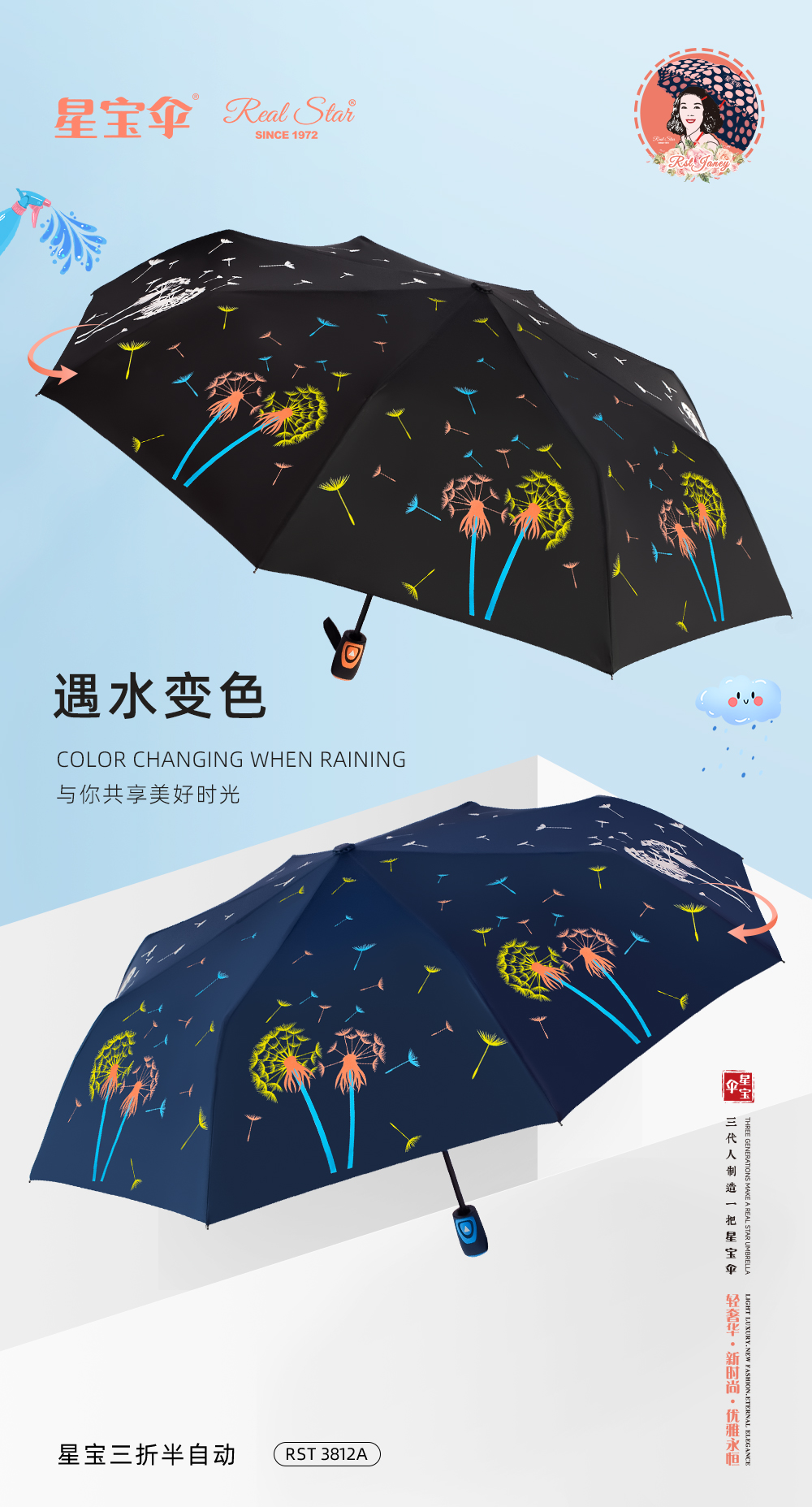 星宝伞3812A遇水变色三折半自动雨伞防风雨伞蒲公英变色伞女士雨伞变色创新雨伞详情2