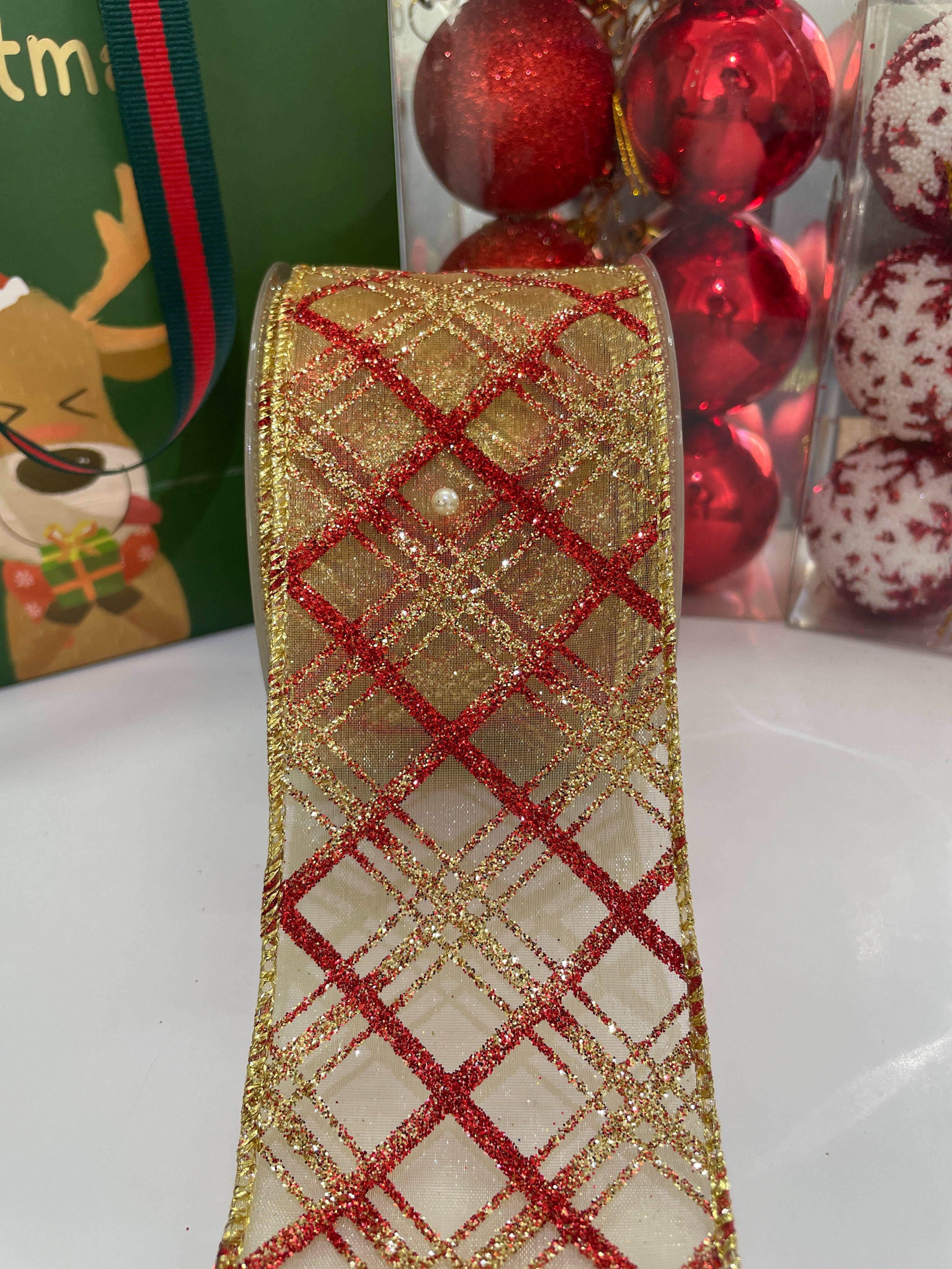 货号：2365圣诞礼品包装装饰DIY珍珠纱红葱金葱斜纹格圣诞铁线带6.3cm详情5