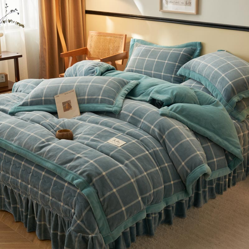 Four-piece set of thickened bed cover with edge-wrapped, muji, air-padded cotton, milk fleece, flannel and gold-carved fleece quilt cover, bed cover and pillowcase set DB Home Textiles Specification image