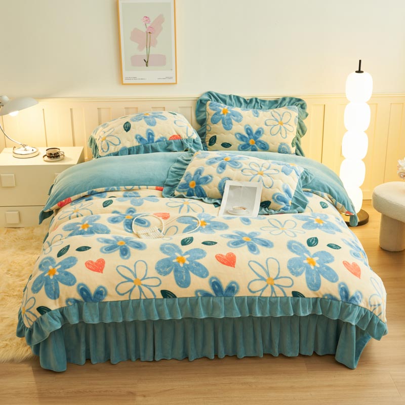 Lace four-piece set with cotton-padded thickened bed cover, autumn and winter milk velvet flannel duvet cover, bed cover pillowcase set, DB Home textiles Item Picture