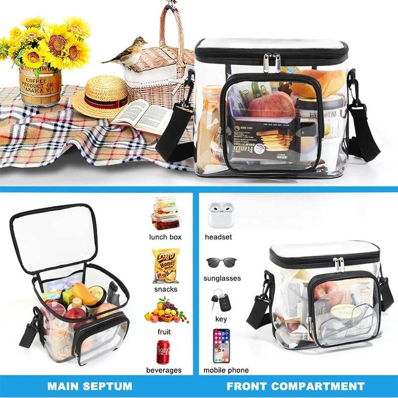 Cross-border transparent toiletry and storage bag, portable and crossbody bag, square PVC lunch bag for outdoor play and picnics with meals detail image 8