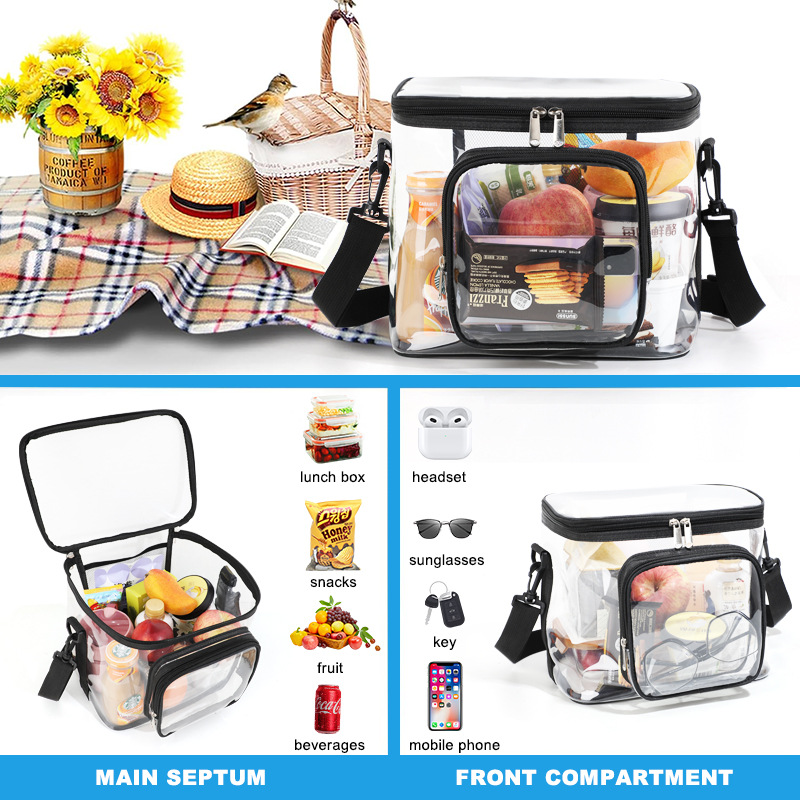 Cross-border transparent toiletry and storage bag, portable and crossbody bag, square PVC lunch bag for outdoor play and picnics with meals detail image 9