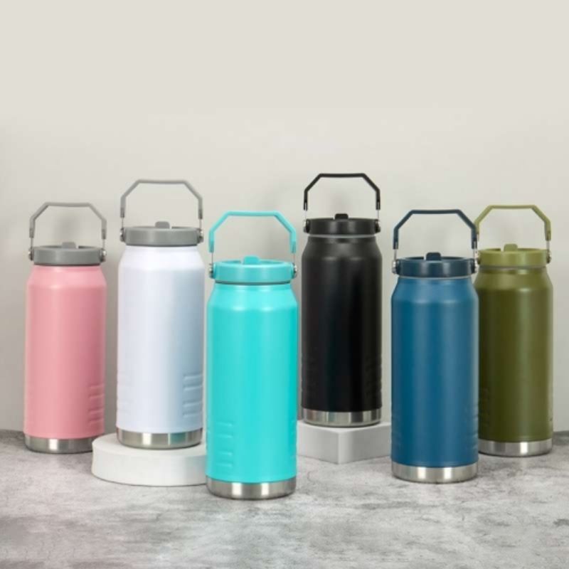 Large-capacity ice bucket, outdoor sports 304 stainless steel handle straw cup, portable vacuum car water bottle