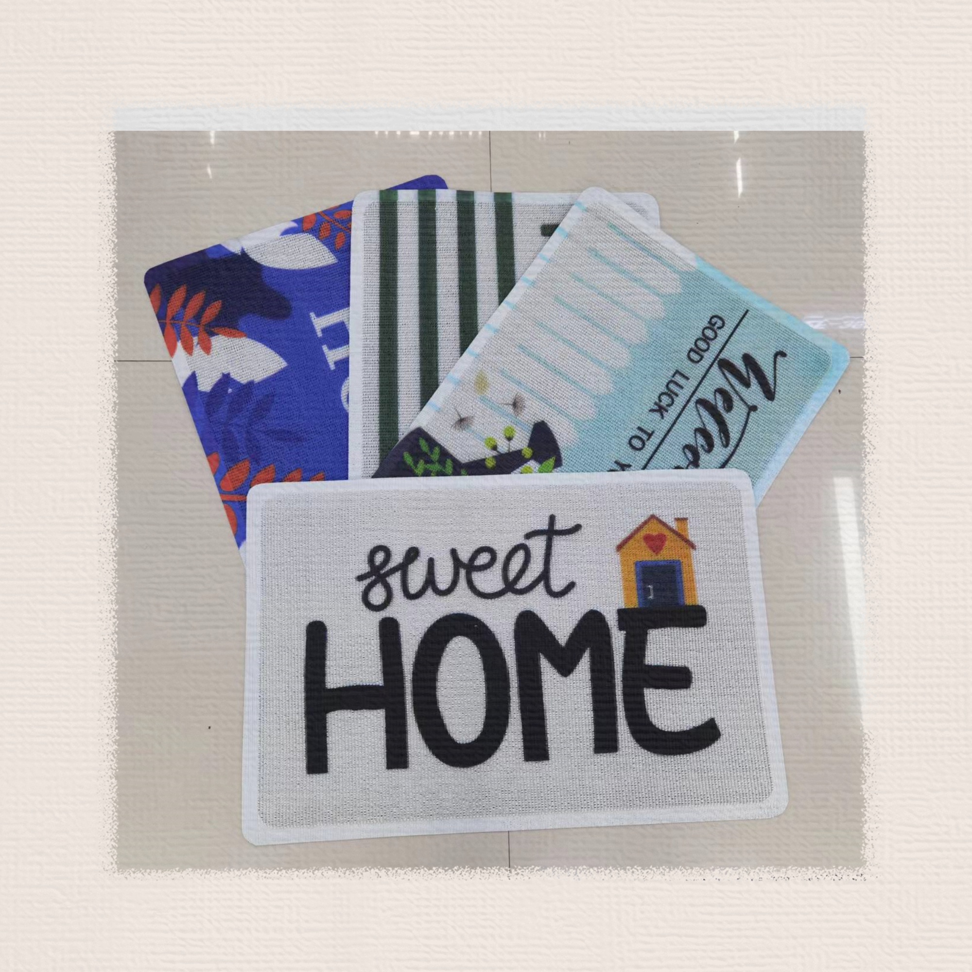 PVC Teslin printed floor mat, anti-slip mat, floor mat, door mat, kitchen mat, bathroom mat, outdoor mat, scratch-off floor mat. Good product quality, multiple patterns, no color fading, excellent anti-slip effect, 40*60cm Application Scenario