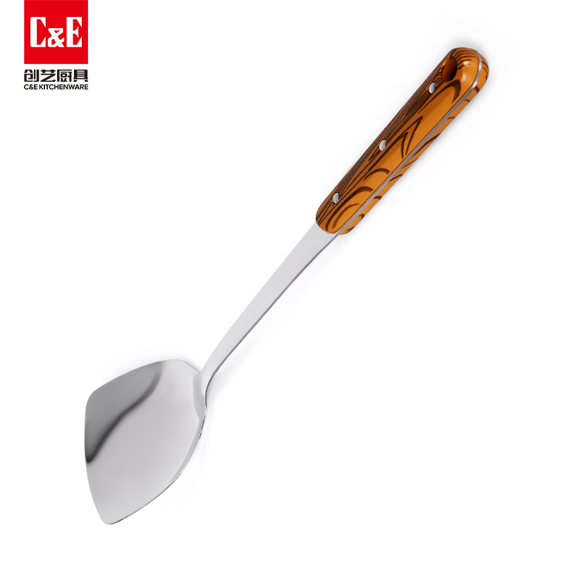 C&E Creative stainless steel spatula, soup spoon, strainer, rice spoon, rice noodle and meat fork, solid wood handle, can be hung for portable storage of kitchenware and household use Item Picture