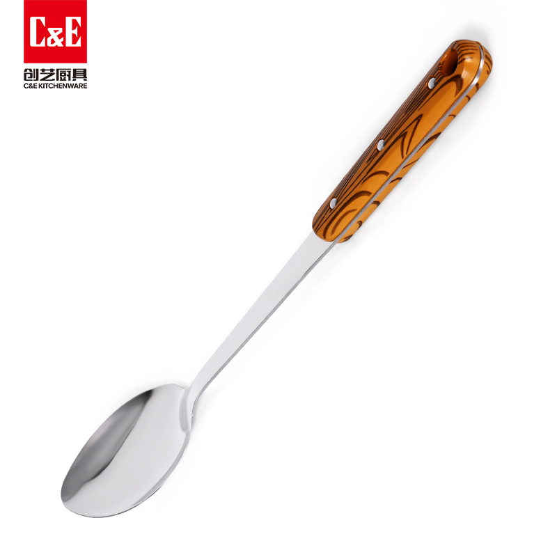 C&E Creative stainless steel spatula, soup spoon, strainer, rice spoon, rice noodle and meat fork, solid wood handle, can be hung for portable storage of kitchenware and household use Specification image