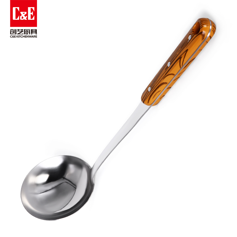C&E Creative stainless steel spatula, soup spoon, strainer, rice spoon, rice noodle and meat fork, solid wood handle, can be hung for portable storage of kitchenware and household use Application Scenario