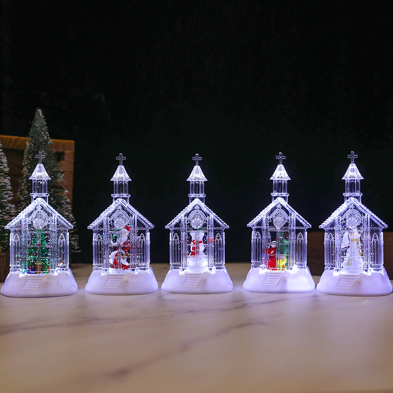 跨境爆款圣诞节发光注水教堂老人雪人圣诞树天使小风灯桌面摆件装