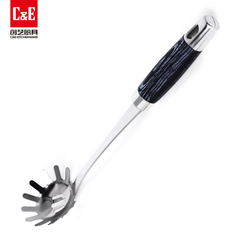 C&E Creative Kitchenware spatulas and spoons, stainless steel spatulas and spoons, rice and rice spoons, meat forks, pear wood grain handles, can be hung for portable storage of kitchenware for home use Item Picture