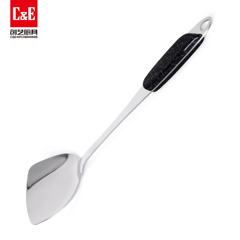 C&E Creative stainless steel spatula, rice spoon, rice noodle and meat steak fork, non-magnetic inclined wood grain handle, can be hung for portable storage of kitchenware and household use pic 3