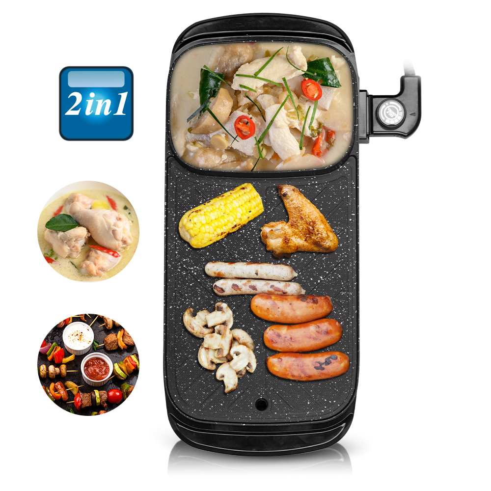 RAF European standard household barbecue grill, hot pot and barbecue all-in-one multi-functional barbecue grill, frying, grilling and boiling pot, smokeless electric grill plate Item Picture