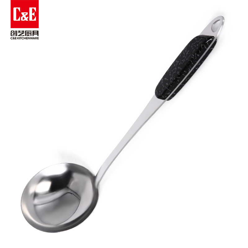 C&E Creative stainless steel spatula, rice spoon, rice noodle and meat steak fork, non-magnetic inclined wood grain handle, can be hung for portable storage of kitchenware and household use Application Scenario