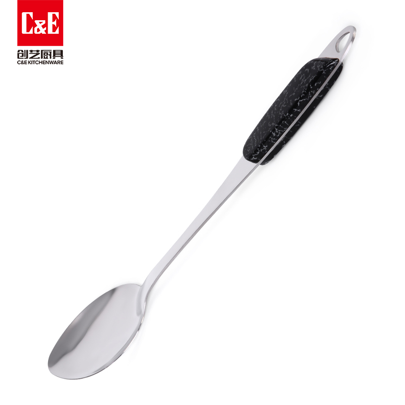 C&E Creative stainless steel spatula, rice spoon, rice noodle and meat steak fork, non-magnetic inclined wood grain handle, can be hung for portable storage of kitchenware and household use Specification image