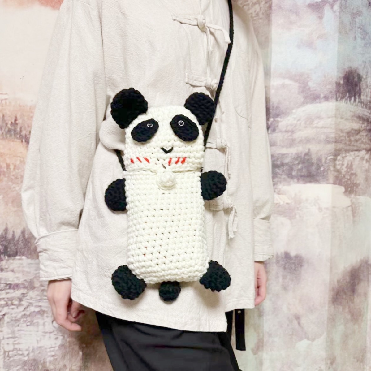 新款手工编织熊头包儿童毛线针织手机包个性编织斜挎单肩卡通包图