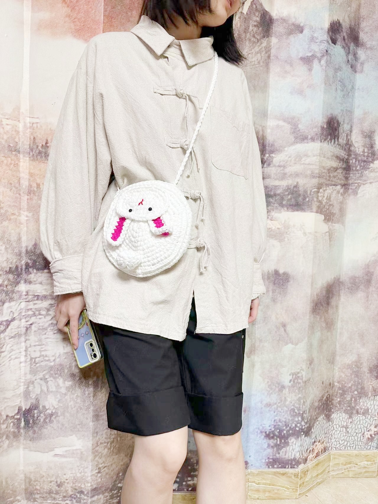 新款可爱萌趣兔子青蛙儿童毛线针织手机包个性编织斜挎单肩 钩针包包