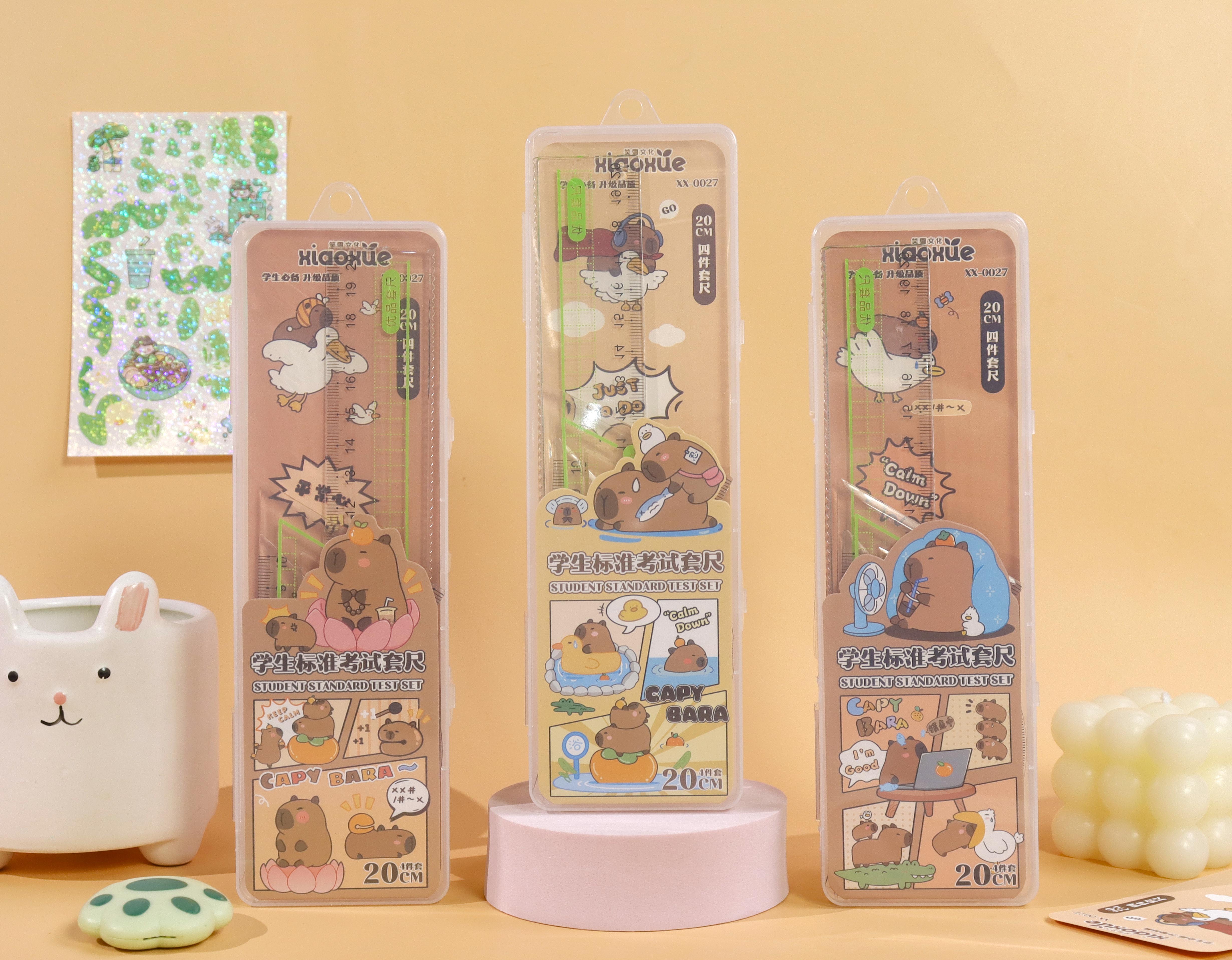 Capibala 4-piece box ruler set, creative and cute ruler set, essential learning tool, folding design, cartoon pattern, high transparency ruler, clear printing, not easy to wear, tough material Specification image