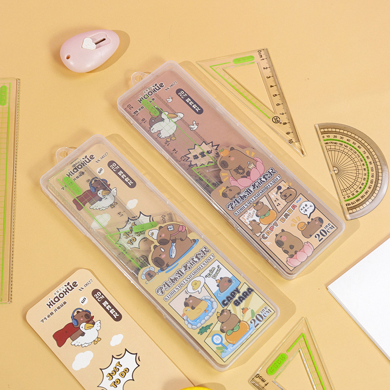 Capibala 4-piece box ruler set, creative and cute ruler set, essential learning tool, folding design, cartoon pattern, high transparency ruler, clear printing, not easy to wear, tough material details Picture