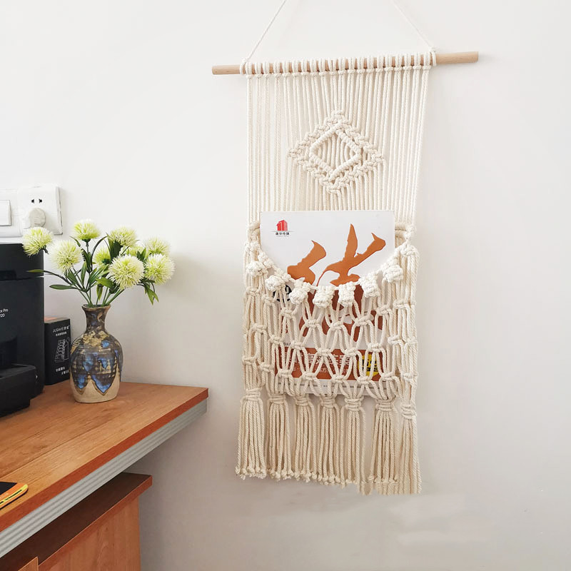 Nordic Wind Cotton Rope Hand-Woven Net Living Room Study Bedroom Tapestry Flower Basket Dry Flower Storage Magazine Bag Wholesale